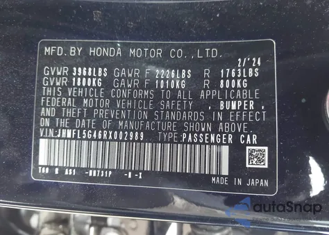 2024 Honda Civic Type R z USA, uszkodzony, nr VIN JHMFL5G46RX002989